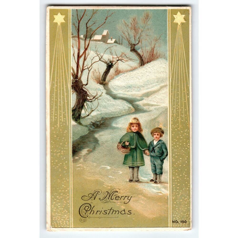 Vintage Christmas Postcard Children in Snowy Landscape No. 150 Germany Antique